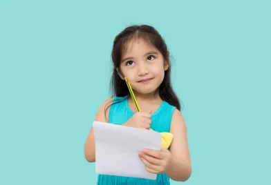 little-asian-girl-having-paper-pencil-hands-looking-up-writer-waiting-muse-isolated-green-background